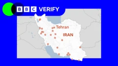 Map showing strikes across Iran inside blue BBC Verify frame 