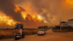 29 Haziran 2025'te Türkiye'nin İzmir Seferihisar ilçesinde çıkan orman yangınında alevler yerleşim alanında. 