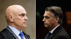 Montagem de fotos com Alexandre de Moraes à esquerda e Jair Bolsonaro à direita, ambos vistos de perfil