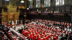 国王夫妻が座る王座を前に、赤い衣の上院議員や赤い衣に白いマントをつけた法律貴族が座っている
