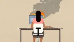 कुर्सीमा बसेर कम्प्युटरमा काम गरिरहेकी महिलाको चित्राङ्कन, कम्प्युटरबट आगो र धुवाँ निस्किएको देखाइएको छ