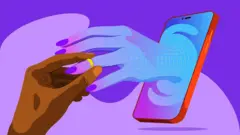 一幅插图显示一只人类的手给一只从手机中伸出来的虚拟之手戴上戒指