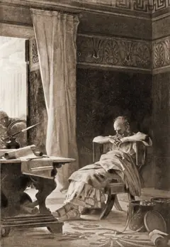 Gravura retrata o matemático e inventor grego Arquimedes sentado em uma cadeira pensando