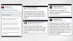 Colagem mostra capturas de tela de postagens de usuários da rede social Bluesky questionando o dado do site Nomes do Brasil de que Aquário seria o signo mais comum para a maioria dos nomes no Brasil