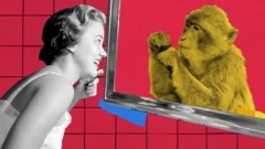 تصویرسازی از یک زن خندان با مسواکی در دست، مقابلش یک آینه که در آن میمونی سبز رنگ هست، پسزمینه تصویر چارخانه قرمز رنگ است