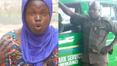 Aworan Haminat Adigun iyawo Shuaibu wa lapa osi, aworan Shuaibu funra rẹ wa ni apa ọtun. Shuaibu wọ aṣọ aṣọgbo o duro ni ẹgbẹ ọkọ awọn aṣọgbo kan.