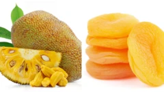 Jaca aberta com seu interior à mostra e pilha de damascos secos