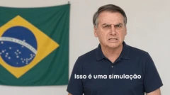 Avatar de Jair Bolsonaro com expressão séria, de blusa azul escuro, com uma bandeira do Brasil ao lado e a seguinte legenda escrita na tela 'isso é uma simulação'