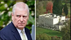 Andrew, ninu aworan akọkọ wọ asọ Kootu alawọ aro, o de tai alawọ miliki, ewu si ti gba gbogbo ori rẹ tan. Aworan keji ni ti aafin Windsor, ti wọn gba lọwọ Andrew.