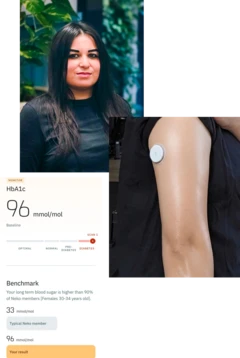 Uma foto de retrato de Mehvish, uma imagem dos resultados de seu exame de glicemia e uma foto de seu braço com um monitor de glicose acoplado.