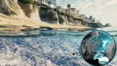 تصویر فرضی که نشان می‌دهد چگونه انرژی الکتریکی می‌تواند ماسه‌های ساحل دریا‌ها را تثبیت کند. تصویر بزرگ‌نمایی‌شده نمای میکروسکوپی «سیمان طبیعی» (آبی‌رنگ) که در میان دانه‌های شن تشکیل شده را نشان می‌دهد 