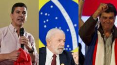 Montagemapostas online no são joãofotos na seguinte ordem: Santiago Peña, Luiz Inácio Lula da Silva e Efraín Alegre