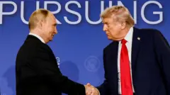 Vladimir Putin and Donald Trump shake hands in front of lettering that reads "pursuing"