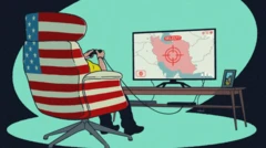 صورة مرسومة لشخص يجلس على كرسي ضخم عليه علم الولايات المتحدة ويمارس لعبة فيديو على شاشة كبيرة عليها خريطة إيران