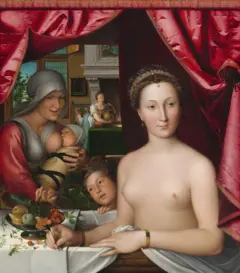 Pintura de uma mulher de cabelo preso e peito desnudo, dentro de uma banheira coberta com uma cortina branca. À frente, ela tem frutas e atrás, uma cortina vermelha. Na mão, ela tem uma flor e uma pulseira em um dos pulsos. Atrás dela, uma criança tenta alcançar as uvas e há duas mulheres, uma amamentando um bebê com um dos seios descobertos e outra ao longe, com uma jarra nas mãos