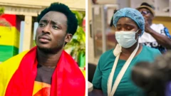 Collage of activist Ralph in di red gold and green colours of Ghana and a nurse at the ridge hospital who was allegedly assaulted by marauding youth for di facility 