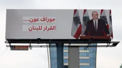لوحة إعلانية تُظهر الدعم للرئيس اللبناني عون في حي الأشرفية ببيروت، لبنان - 1 مايو/أيار 2026