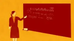 Илустрација жене поред школске табле како објашњава, учитељица, наставница поред табле