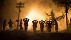 Soldados na neblina com as mãos para o alto, enquanto outro soldado inimigo aponta uma arma para eles