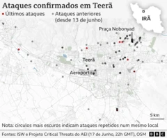 Mapa mostra os ataques em Teerã confirmados até 18 de junho