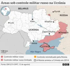 Mapa mostrando as áreas da Ucrânia estão sob controle militar russo ou controle russo limitado