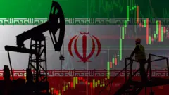 Коллаж: нефтяная вышка, флаг Ирана, графики котировок фондовых бирж