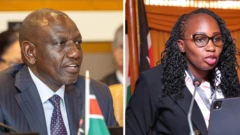 William Ruto on black suit and Faith Odhiambo for black suit speaking to di mic