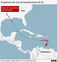Mapa mostrando a rota de voo dos bombardeiros B-52 dos EUA que partiram dos EUA e voaram perto da costa da Venezuela em outubro.