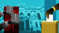 निर्वाचन आयोगको कार्यालय, मतपेटिका र रुपैयाँ समातिरहेको हातको चित्राङ्कन