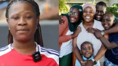 Aworan arabinrin jan ninu aṣọ jasi ẹgbẹ agbabọlu Arsenal wa lapa osi, aworan iya kan pẹlu awọn ọmọ ati ọmọ-ọ̀mọ rẹ wa lapa ọtun.
