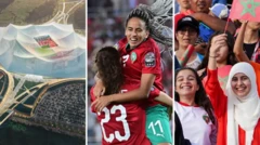 صورة مركبة تضم مشجعات يحملن علم المغرب، ولاعبات في المنتخب المغربي، وملعب كرة قدم.
