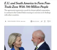 Reportagem do New York Times sobre Mercosul com foto de Lula e presidente da Comissão Europeia