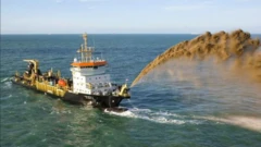 Sebuah kapal menyedot pasir laut.