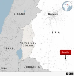 Mapa de la BBC que muestra Suweida y Damasco, en Siria, y los países vecinos Israel, Líbano y Jordania.