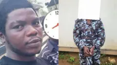 Oloogbe Mene Ogidi wọ aṣọ dudu, ọlọpaa to yinbọn pa Ogidi wa ninu aṣọ ọlọpaa pẹlu ankọọbu lọwọ rẹ.