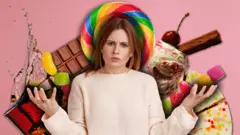 په انځور کې ښځه د خوږو او خوږو رنګارنګ خوړو مخې ته ولاړه ښودل شوې ده.