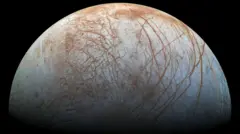 The puzzling, fascinating surface of Jupiter's icy moon Europa looms large in this view made from images taken by NASA's Galileo spacecraft in the late 1990s.