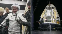 İkiye bölünmüş fotoğraf. Sol tarafta kapsülden çıkarılmış astronot gülümsüyor, kolundan iki kişi tutuyor. Arkada gülümseyen bir kişi astronota bakıyor. Sağ tarafta astronotları Dünya'ya taşıyan Dragon Endeavour isimli uzay mekiği görülüyor. 