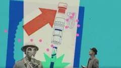 Colagem com aspirador de pó, homem com máscara de proteção e outro observando.