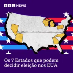 Arte mostrando o mapa dos Estados Unidos destacando os sete Estados que poderão decidir a eleição presidencial americanafaz o bet aí contato2024