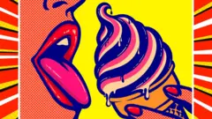 Dibujo al estilo cómic pop art de la cara de una mujer vista de lado, enfocándose en la boca, que está abierta con la lengua afuera, lista para comer un helado que tiene cerca. Todo con colores brillantes, fondo amarillo.