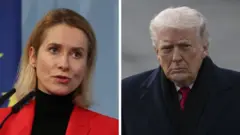 カラス氏とトランプ氏の写真が並んでいる。赤いジャケットを着たカラス氏は、2本のマイクを前にし、斜め前方を見ている。トランプ氏はネイビーのコートと赤いネクタイを着用して外にいる