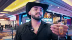 Um fã de El Temach usa uma camisa preta de gola aberta e um chapéu preto de stetson e segura uma corrente que ele comprou do influenciador como mercadoria. Ela é laranja e tem um padrão geométrico cinza.
