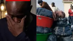 Richard Itoro tẹriba, o n fi ọwọ boju lapa osi aworan yii, awọn eeyan kan pẹlu ẹru wọn wa ni ita gbangba ni apa ọtun.