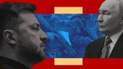 коллаж с изображением Владимира Зеленского слева и Владимира Путина справа