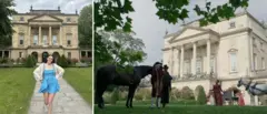 Imagen 1: Una mujer con vestido azul y cárdigan blanco, cabello castaño, con las manos en las caderas frente a un atractivo y majestuoso edificio georgiano con flores y césped. Imagen 2: Una imagen del episodio 1 de la primera temporada de Bridgerton que muestra el exterior de la casa de Lady Danbury.