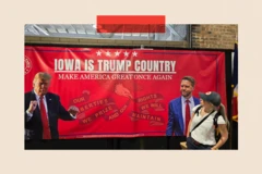 Cartaz com Trump e Vance, com os dizeres: 'Iowa é o país de Trump'.