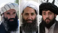 L'image composite montre les portraits de trois membres des talibans - à gauche, Taliban Interior Minister Sirajuddin Haqqani, in the centre is Afghan leader Hibatullah Akhundzada and on the right is Acting Defence Minister of Afghanistan Mohammad Yaqoob Mujahid.