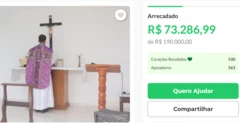 Captura de tela da página do site Vakinha Virtual em que padre Rodrigo pede doações. A imagem traz uma foto dele de costas, o valor alvo de R$ 190 mil e o valor já alcançado, de R$ 73 mil.