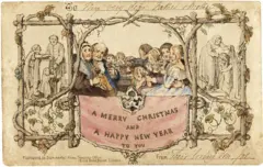 Una copia de la primera tarjeta de Navidad, en la que se ve a una familia sentada en una mesa celebrando y un aviso que dice: Feliz Navidad y Feliz Año Nuevo para ti en inglés.